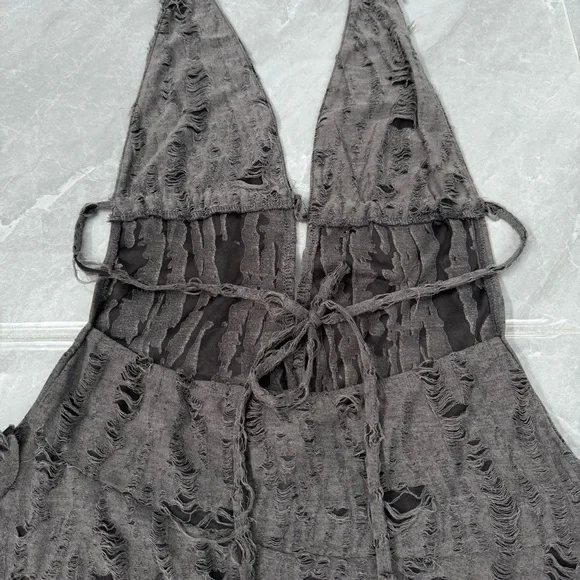 Women’s Edikted Shredded Backless Halter Mini Dress Deep V-Neck Grunge Small - Picture 9 of 16